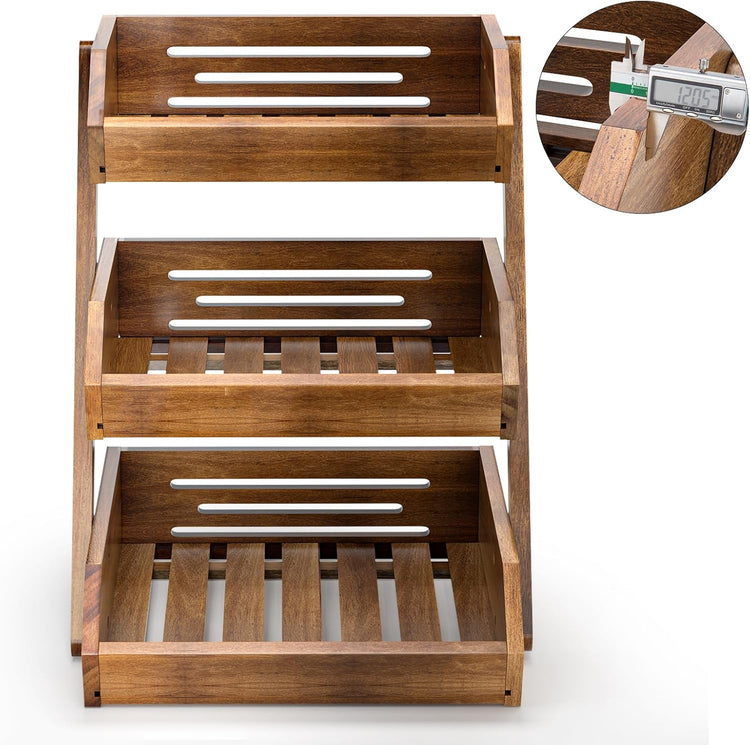 G.a HOMEFAVOR Fruit Basket: 3-Tier Acacia Wood Fruit Bowl for Kitchen, Fruit Stand Storage Holder for Vegetables and Snack Home Kitchen Countertop Organizer (Self-assembly)