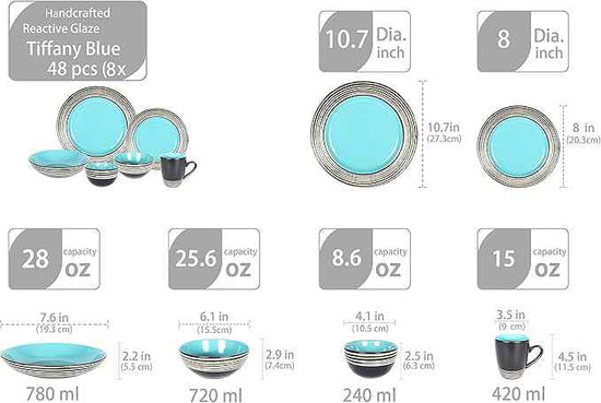 48 Piece Dinnerware Set, Ceramic Plates and Bowls Sets for 8, Microwave and Dishwasher Safe, Handcrafted Tree Bark Series Dish Set, Turquoise