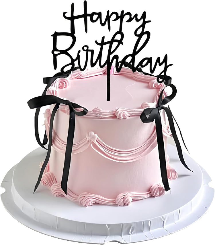 Black Bow Cake Topper Bowknot Ribbons Cupcake Toppers Bow Tie Cake Decorations Black Coquette Bows Cupcake Dessert Picks Happy Birthday Pick for Girl Birthday Princess Wedding Party Supplies 7Pcs