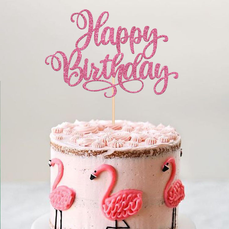 1 PCS Happy Birthday Cake Topper Glitter Happy Birthday Cake Pick for Celebrating Happy Birthday Anniversary Party Cake Decorations Supplies Pink