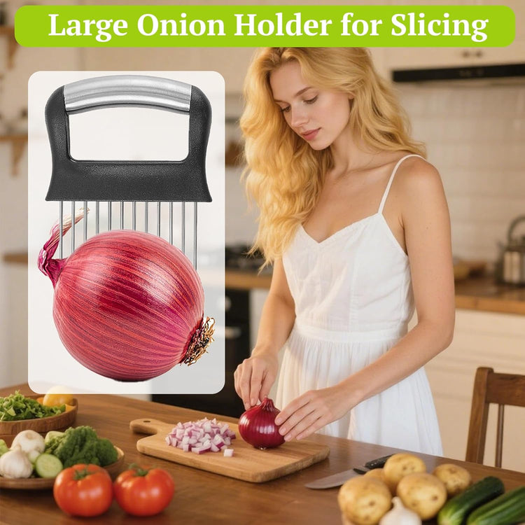 Suuker Onion Holder for Slicing, 2 Pieces Large Onion Cutter Vegetable Chopper, Stainless Steel Tomato Slicer for Potato Lemon, Meat Tenderizer Tool, Kitchen Food Slicer Guide for Neat Slicing