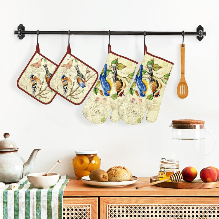 Vintage Bird Oven Mitts and Pot Holders Sets 4Pcs, 100% Cotton Heat Resistant, Extra Long Oven Gloves Potholder for Kitchen Cooking Baking Decoration