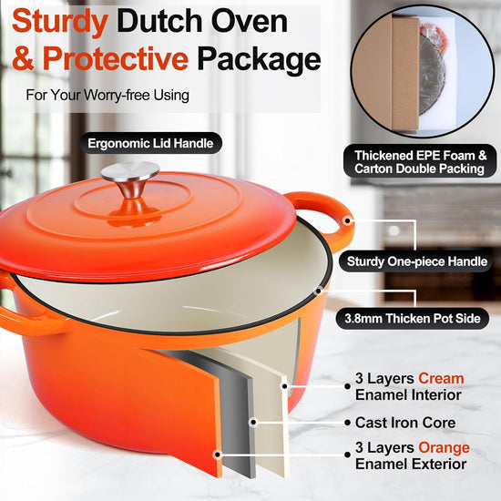 P&P CHEF 6QT Enameled Dutch Oven, Cast Iron Dutch Oven Pot with Lid for Bread Baking, Enameled Casserole Pot for Roasting Braising Stewing Frying Simmering, Various Stoves & Easy Clean, Orange - Nestoria