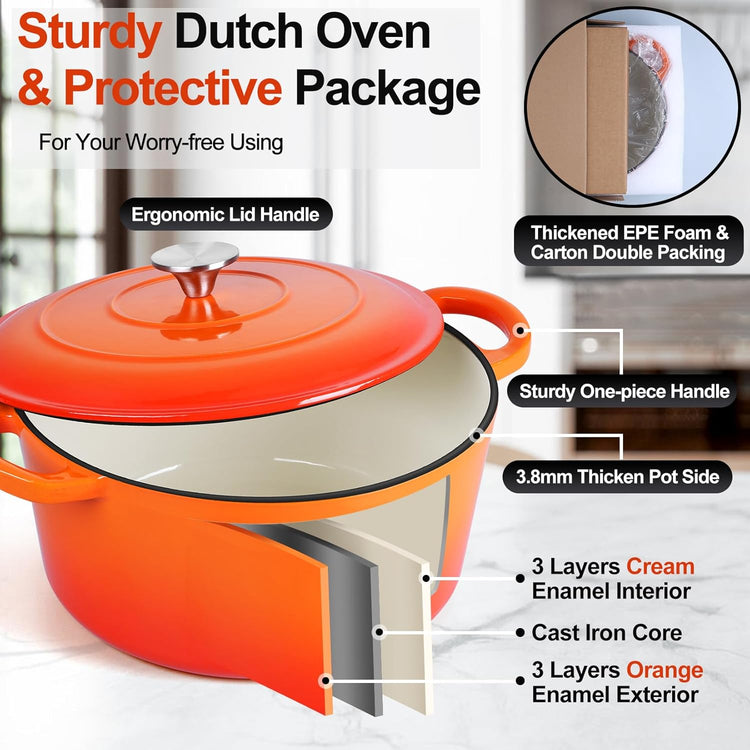 P&P CHEF 6QT Enameled Dutch Oven, Cast Iron Dutch Oven Pot with Lid for Bread Baking, Enameled Casserole Pot for Roasting Braising Stewing Frying Simmering, Various Stoves & Easy Clean, Orange - Nestoria