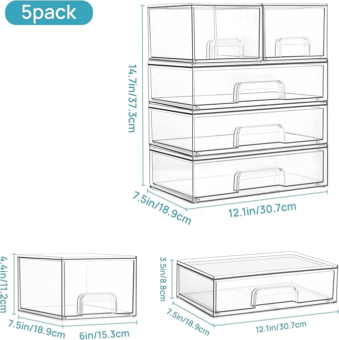 Vtopmart Clear Stackable Storage Drawers Set of 5, Plastic Organizer Bins for Makeup, Cosmetics, Beauty Supplies,Ideal for Vanity, Bathroom,Cabinet,Pantry Organization