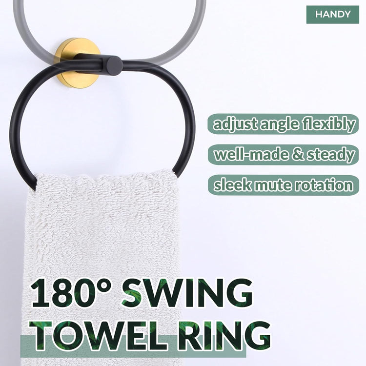 APLusee Black Gold Hand Towel Ring, Stainless Steel Hand Towel Holder for Bathroom Wall Mounted