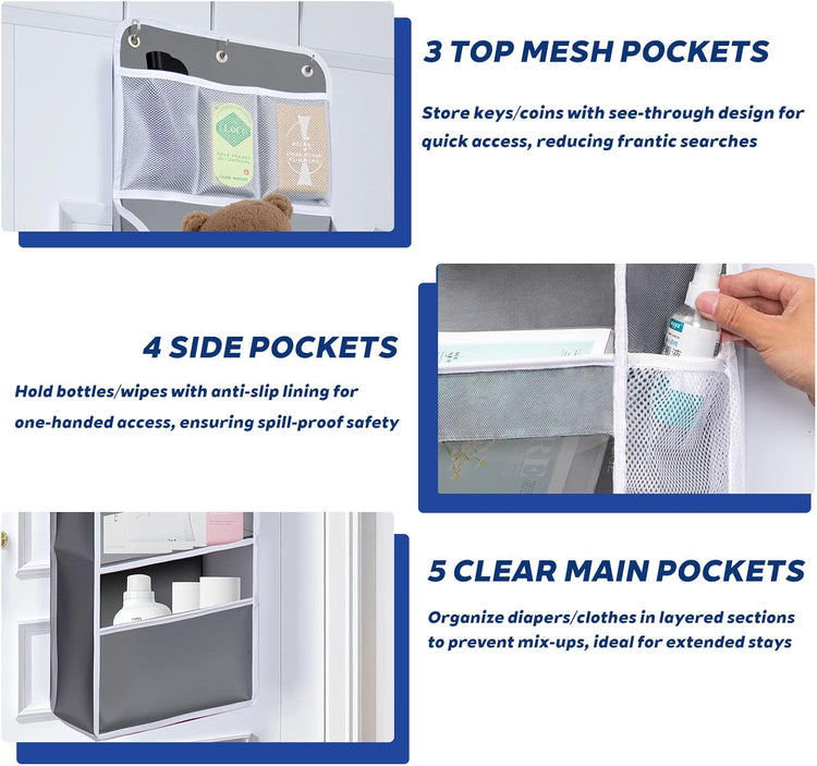 Over The Door Organizer - 6 Capacity Large Pockets & 7 Mesh Compartments, Anti-Tilt Design Holds 44 lbs, for Bathroom, Nursery, Dorm, Pantry & Laundry Storage (Light Grey)