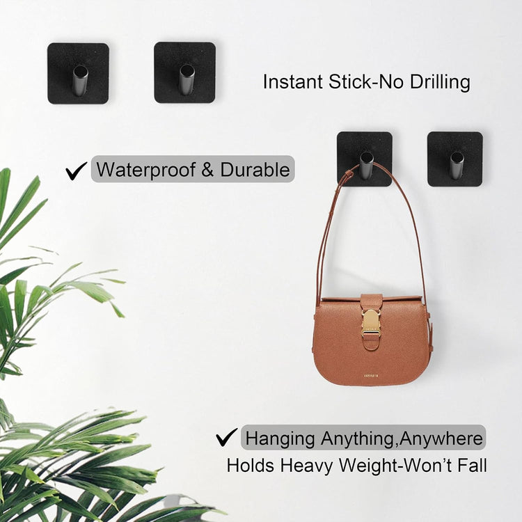 Aluminum Wall Hooks, No Drill Damage-Free Adhesive Hook,Product for Hanging Heavy Duty for Bathroom Kitchen Home (Slanting Square Black Hook, 4)