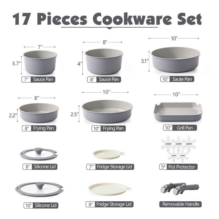 17 Piece Ceramic Detachable Handle Pots and Pans Set Gray