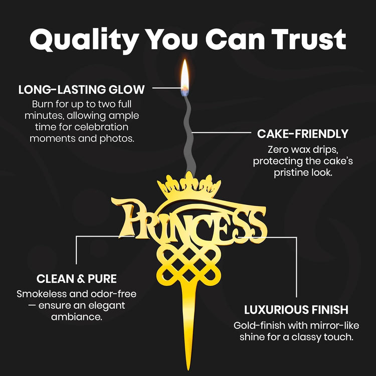 Princess Reusable Gold Romantic Cake Candle - Luxury Cake Topper Candle for Birthdays, Weddings & Anniversaries - Reusable Food Safe Acrylic, Shiny Mirror Finish - Happy Birthday Cake Topper Decor