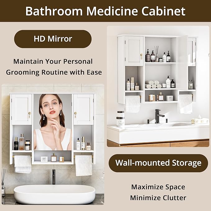 VECELO Bathroom Wall Cabinet with Mirror, Wall Mounted Medicine Cabinet with Open Shelves, 2 Towels Bars for Bathroom Laundry Room Kitchen, 35.04 * 7.09 Inches, Gold