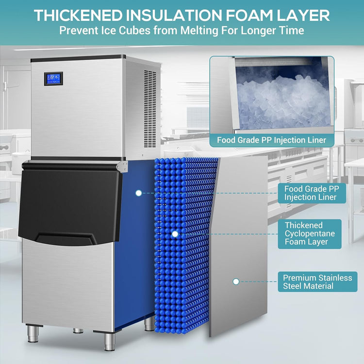 Commercial Ice Maker Machine 430Lbs/24H, Industrial Ice Machine 350 Lbs Storage Bin, 156PCS Clear Ice Cubes in 11 Mins, Freestanding Stainless Steel Ice Maker for Restaurants/Bar/Large Families