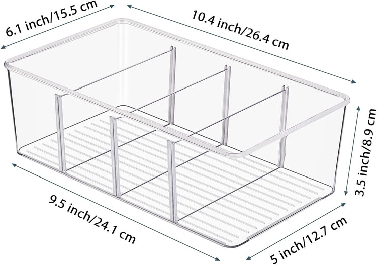 Vtopmart 2 Pack Food Storage Organizer Bins, Clear Plastic Bins for Pantry, Kitchen, Fridge, Cabinet Organization and Storage, 4 Compartment Holder Packets, Snacks, Pouches, Spice Packets