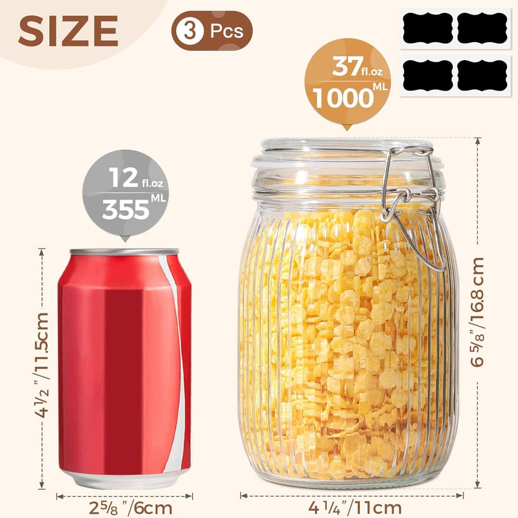 ComSaf Airtight Glass jar with lid 37oz Set of 3, Glass Storage Containers with Lids, Glass Canisters, Striped Clip Fastening Jar for Kitchen Canning, Tea, Pasta, Sugar, Beans, Cookie, Jam, Oat