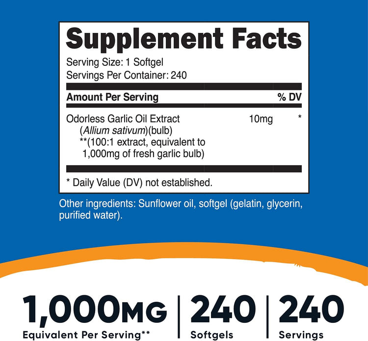 Nutricost Garlic 1000mg, 240 Softgels (2 Bottles) - Orderless, Premium Gluten Free Supplement