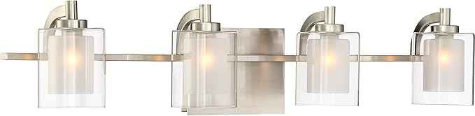 Quoizel Kolt Modern Vanity Lights, 4-Light, 29 Inch Brushed Nickel Bathroom Lighting Fixtures Over Mirror, Sandblasted Inner Glass, 50 W LED Bulb, Wall Mount Light for Bathrooms, Kitchen or Hallway