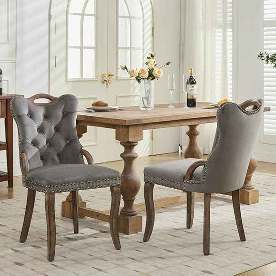 Grey Velvet Dining Chairs Set of 2，Modern Upholstered Dining Room Chairs with Tufted Back and Wood Handles, Curved Solid Wood Legs, Sillas de Comedor