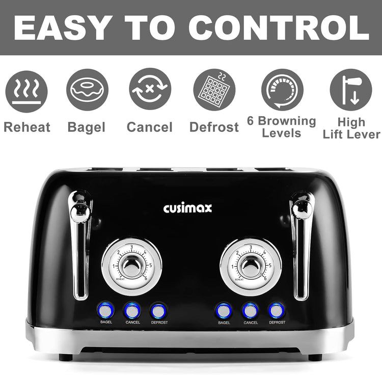 CUSIMAX Retro 4-Slice Toaster with Wide Slots, Stainless Steel, 6 Toast Settings, Bagel, Cancel, Defrost & Reheat Functions, Dual Independent Control Panels, Black
