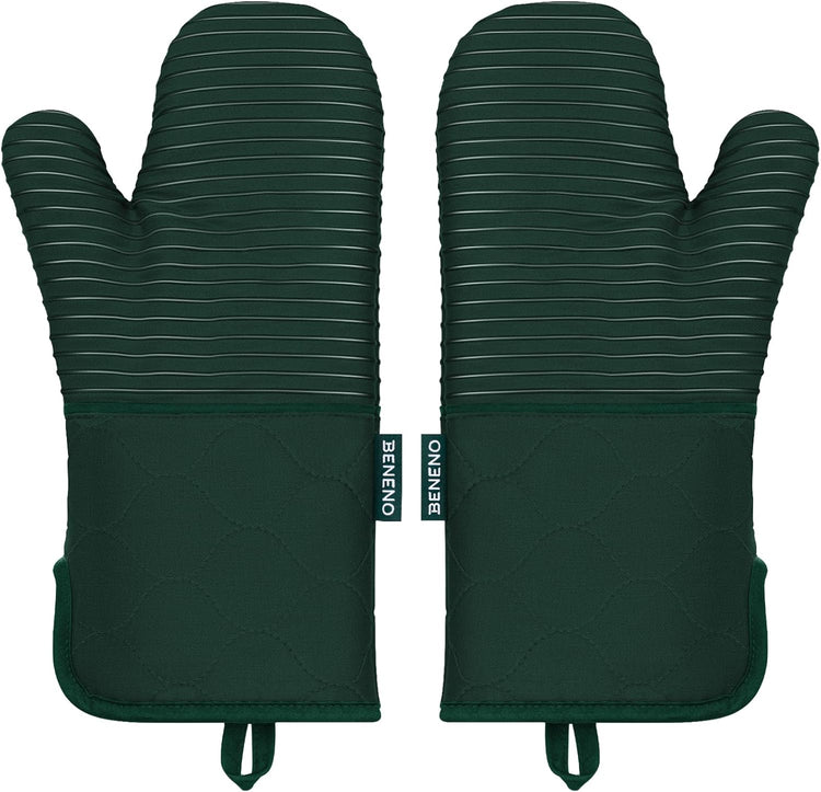 Beneno Kitchen Oven Mitts 2-Pack Heat Resistant to 500°F with Non-Slip Silicone Grip, Extra Long 14.3" Forearm Protection, Soft Quilted Cotton Terry Lining, Ideal for Cooking, Baking, Grilling, Green