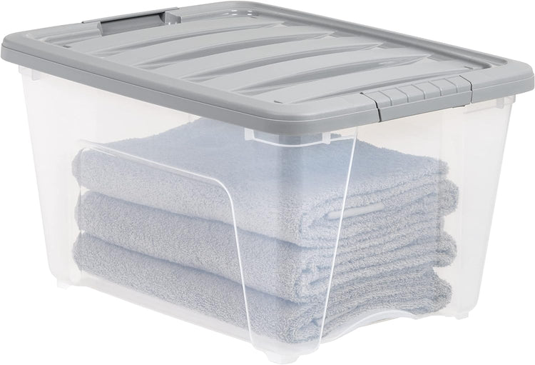 Amazon Basics Plastic Storage Containers with Secure Latching Lids, Stackable Organization Bins, 32 Quart, Set of 6, Clear/Grey