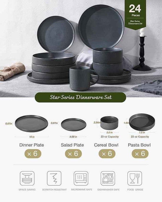 Famiware Star Dinnerware Set with Pasta Bowls, Service for 6 (24 Pieces), Ribbed Stoneware Plates and Double Bowls Sets - Chip & Scratch Resistant, Microwave & Dishwasher Safe, Matte Dark Charcoal