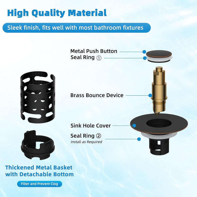 Universal Bathroom Sink Stopper Hair Catcher Upgraded with 2-Layer Detachable Filter Basket, 2PCS 4 in 1 Pop Up Drain Strainer, Anti-Clog, Odor-Block, Fit for 1.1''~2.36'' Sinks, Oil Rubbed Bronze