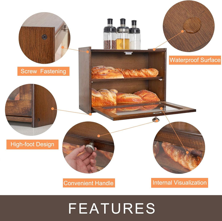 Bamboo Wooden Bread Box for Kitchen Countertop, Storage Box with Transparent Window, 2-Layer Large Capacity, Kitchen Bread Holder, Self Assembly