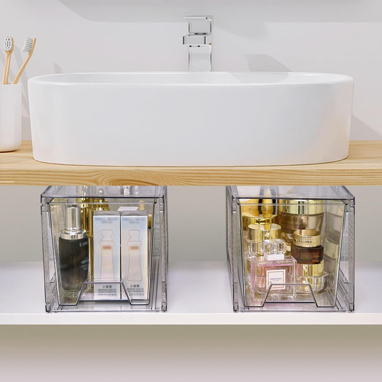 JollyPack 2 Pack Clear Stackable Storage Drawers, Easy to Assemble Multi-Use Bathroom Organizers and Storage, Suitable for Vanity, Bathroom, Makeup, Under Sink, Office, Kitchen and Pantry