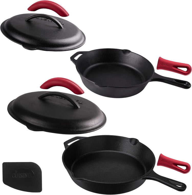 Cast Iron Skillet Set with Lids - 10"+12"-inch Pre-Seasoned Covered Frying Pan Set + Silicone Handle and Lid Holders + Scraper/Cleaner - Use Indoor/Outdoor, Oven, Stovetop, Fire, BBQ Kitchen Cookware - Nestoria