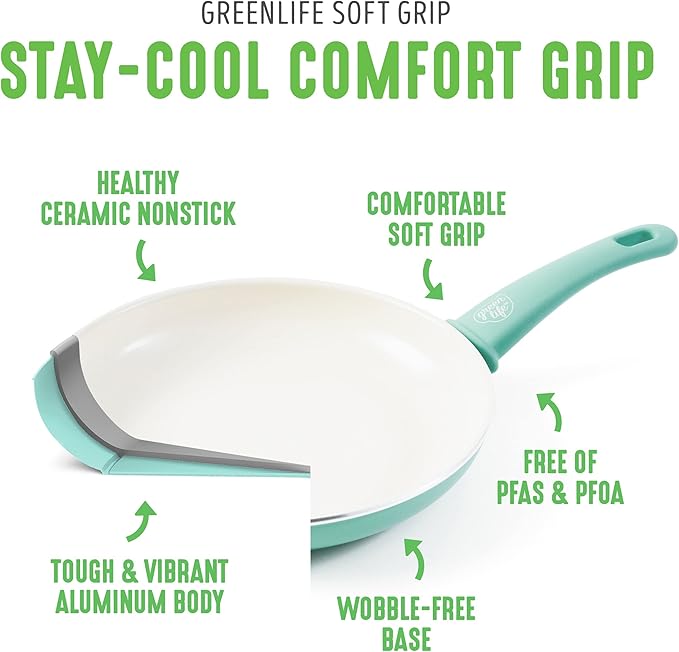 GreenLife Soft Grip 23 Piece Kitchen Cookware Pots and Frying Saucepans Set, Healthy Ceramic Nonstick PFAS and PFOA-Free, Dishwasher and Oven Safe, Even Heating, Easy Clean, Warp Control, Turquoise