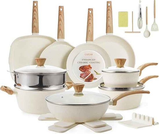 26Pcs Pots and Pans Nonstick Ceramic Cookware Set Nontoxic Kitchen Cooking Set with Steamers Utensils Induction Compatible, PFAS/PFOA Free, Oven and Dishwasher Safe, Cream White