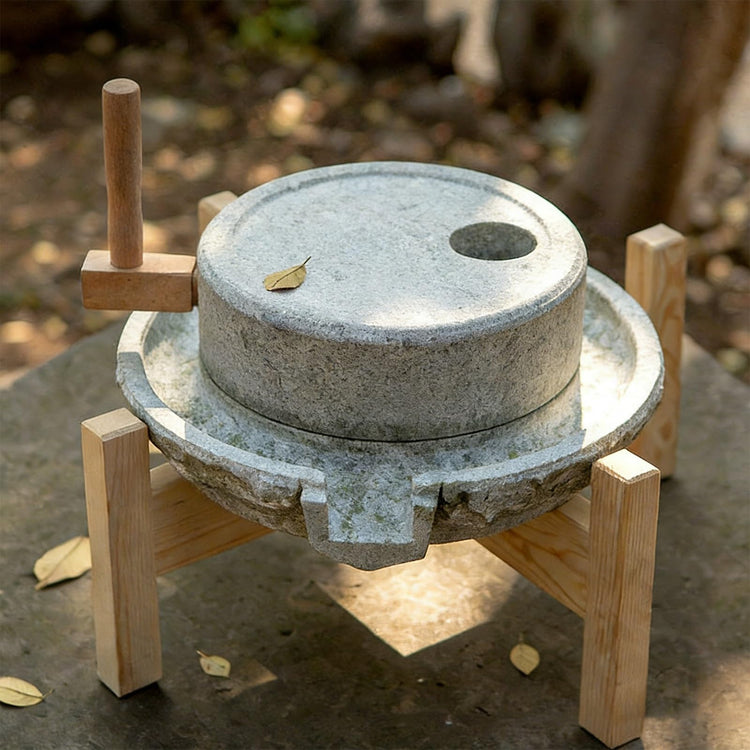 Manual Stone Grain Mill with Wooden Base for Grinding Flour