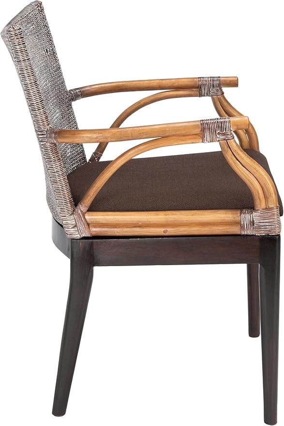 SAFAVIEH Home Collection - Gianni Brown & Dark Brown Solid Wood Rattan Arm Chair, Tropical Coastal Accent Seating for Living Room or Dining Space (SEA4011C)