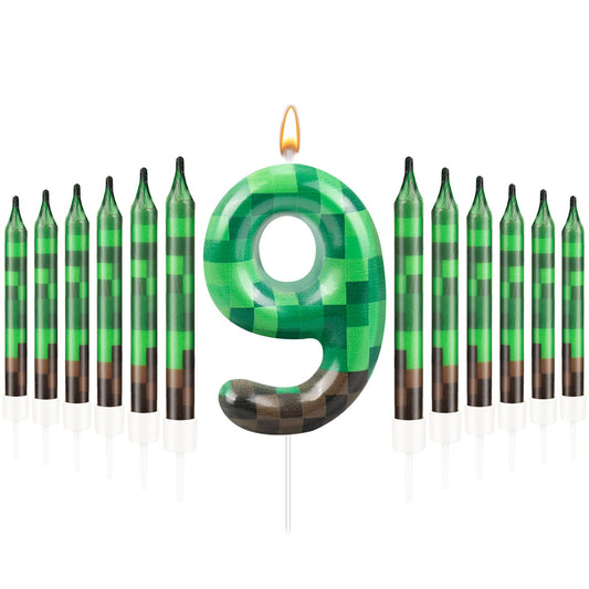13 Pcs Dynamite Candles 12 TNT Themed Birthday Cake Candles and Number 9 Candle Cake Topper for Pixel Theme Birthday Party Anniversary Party Dynamite Theme Party Video Game Party Supplies (13 Count)