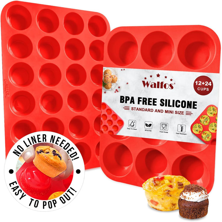 Walfos Silicone Muffin Pan Set - Regular 12 Cups Silicone Muffin Pan and Mini 24 Cups Cupcake Pan - BPA Free and Dishwasher Safe, Great for Making Muffin Cakes, Tart, Bread