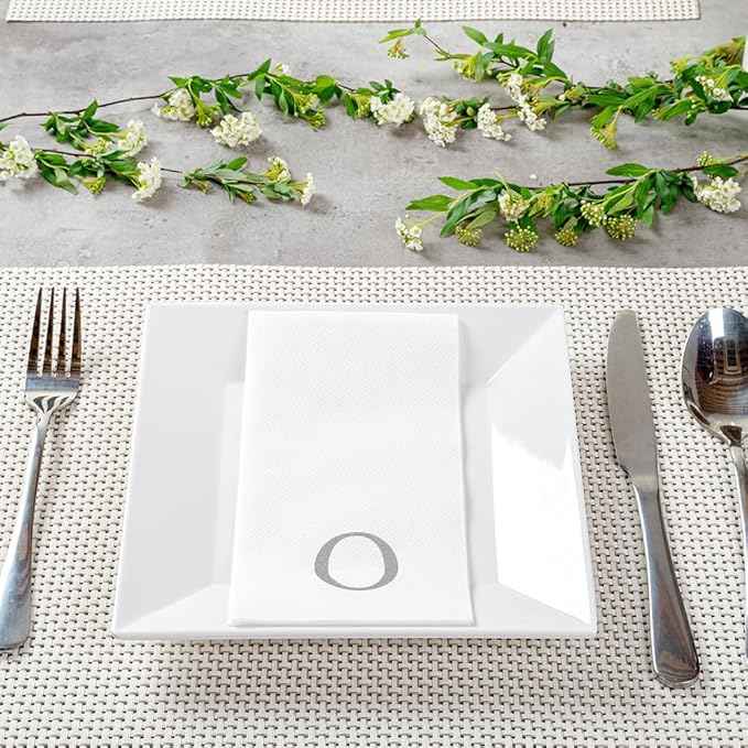 Luxenap 15.8 X 7.9 Inch Linen-Feel Guest Towels, 2000 Lettered Hand Towels - Silver Letter 'O', Sans Serif Font, White Paper Dinner Napkins, airlaid, For Restrooms And Tables - Restaurantware