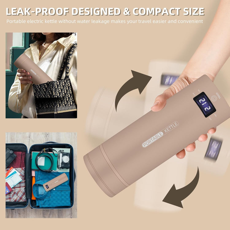 Travel Electric Kettle Portable Small Mini Tea Coffee Kettle Water Boiler, Water Heater with 4 Temperature Control,304 Stainless Steel with Auto Shut-Off & Boil Dry Protection, BPA-Free (Khaki)