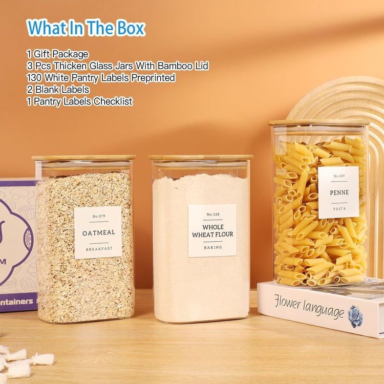 3 Pack Square Glass Pantry Storage Containers with 132 Kitchen Food Pantry Labels - 51 floz Clear Glass Pantry Jars with Airtight Wood Bamboo Lids - Glass Canisters for Candy, Cereal, Coffee, Spice
