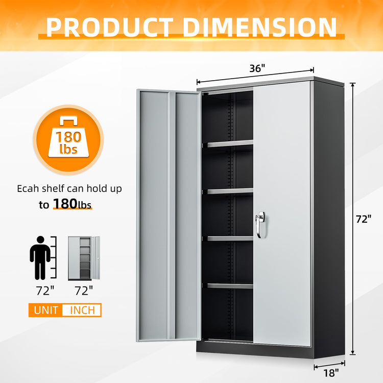 Metal Storage Cabinets 72” Black Grey Garage Steel Storage Cabinet with Doors and Shelves