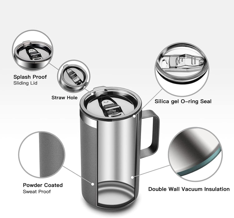 KXIAOCHEN 20oz Insulated Coffee Mug with Lid, Stainless Steel Coffee Cup, Double Wall Vacuum Coffee Tumbler with Handle, Premium Thermal Travel Coffee Mug (Silver grey)