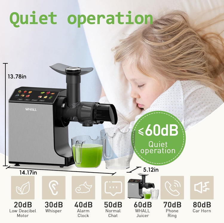 whall Masticating Slow Juicers, Juicer Machines, Cold Press Juicers, Professional Stainless Juice Machines for Vegetable and Fruit, Touchscreen Cold Press Juicer with 2 Speed Modes, Easy Clean,Grey