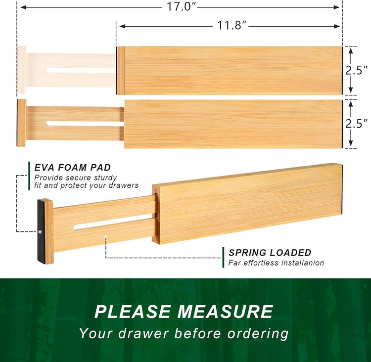 4 Pack Bamboo Drawer Dividers, Adjustable Length from 12 Inch to 17 Inch, Expandable Kitchen Drawer Organizer, Drawer Organization Separators for Clothes, Kitchen, Bedroom, Dresser, Office (Beige)