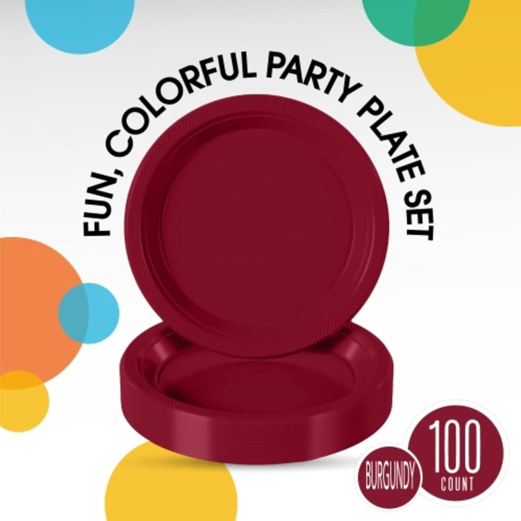 Exquisite Party Solids Burgundy Plastic Plates For Party 7" Burgundy Disposable Plates Heavy Duty Supplies 100 Pcs Plastic Dinnerware Sets Heavy Duty 350 GSM Disposable Dinnerware Set