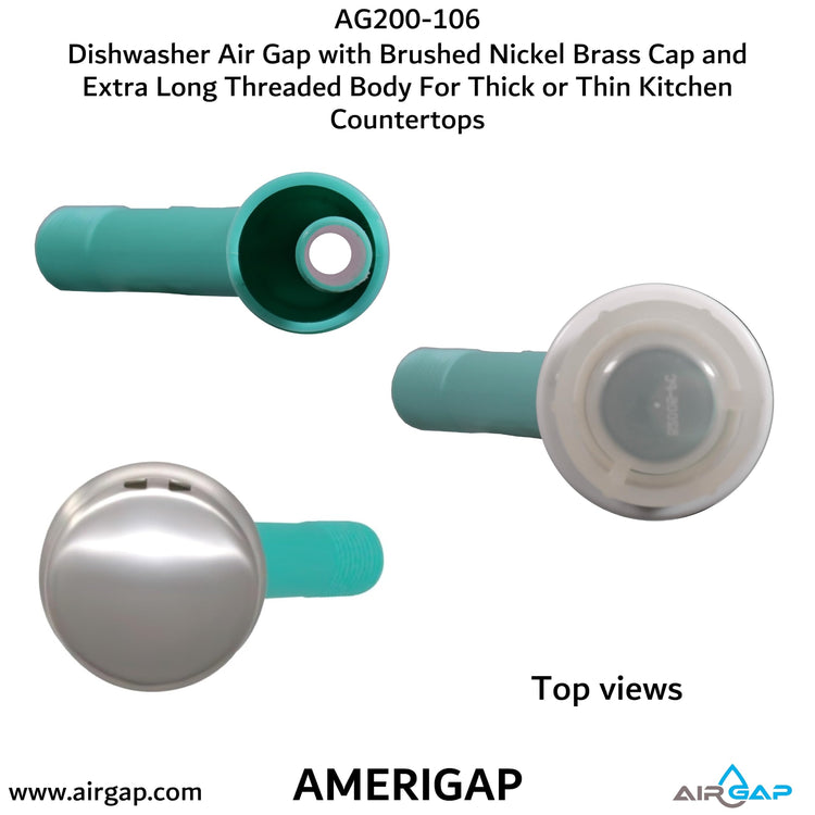 Dishwasher Air Gap with Skirted Brushed Nickel Brass Cap and Extra Long Threaded Body for Thick or Thin Kitchen Countertops