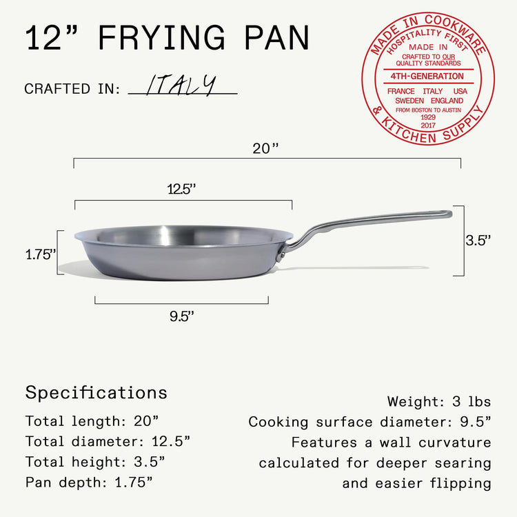Cookware - 12-Inch Stainless Steel Frying Pan - 5 Ply Stainless Clad - Professional Cookware - Crafted in Italy - Induction Compatible