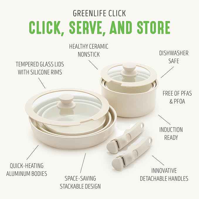 GreenLife 10 Piece Nonstick Pots & Pans Set, Detachable Handle & Stackable Cookware Set, Non Toxic PFAS-Free Skillets, Induction Kitchen Pans, Space Saving, Serving Bowls, Oven Safe, Speckled Cream