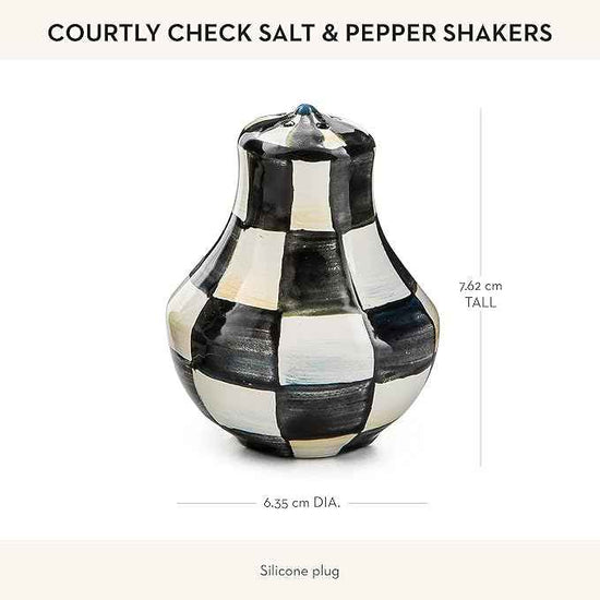 MACKENZIE-CHILDS Enamel Salt and Pepper Shakers, Kitchen Table Spice Shaker Set, Black-and-White Courtly Check, Small