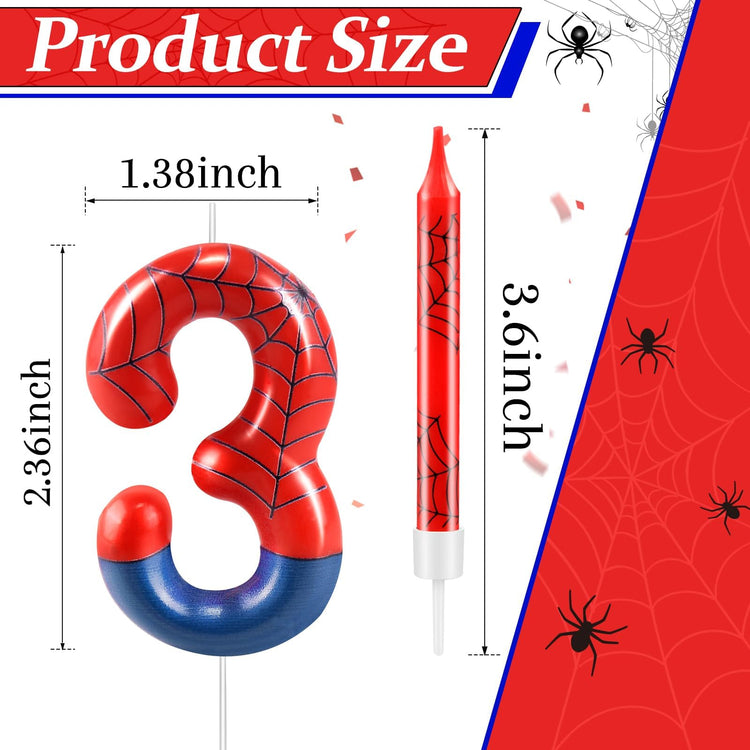 13 Pcs Spider Themed Birthday Candle Set Red Spider Theme Number 3 Candle Cake Topper for Boys Girls Birthday Decoration Spider Party Decoration Supplies (13 Count)