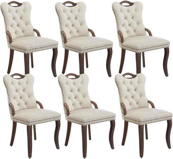 Beige Velvet Dining Chairs Set of 6，Modern Upholstered Dining Room Chairs with Tufted Back and Wood Accents, Curved Solid Wood Legs & Nailhead Trim, Sillas De Comedor Modernas 6