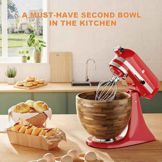 5 Qt Solid Wood Mixing Bowl Compatible with KitchenAid Tilt-Head Stand Mixer, Handcrafted Natural Wooden Bowl for 4.5-5 Qt K45SS KSM75 KSM150, Ideal for Bread Dough & Salads (Light Brown)